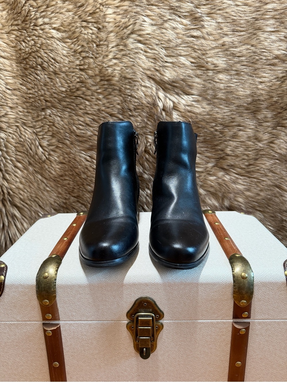 Women's Black Leather Ankle Booties - Minimal Zip Design